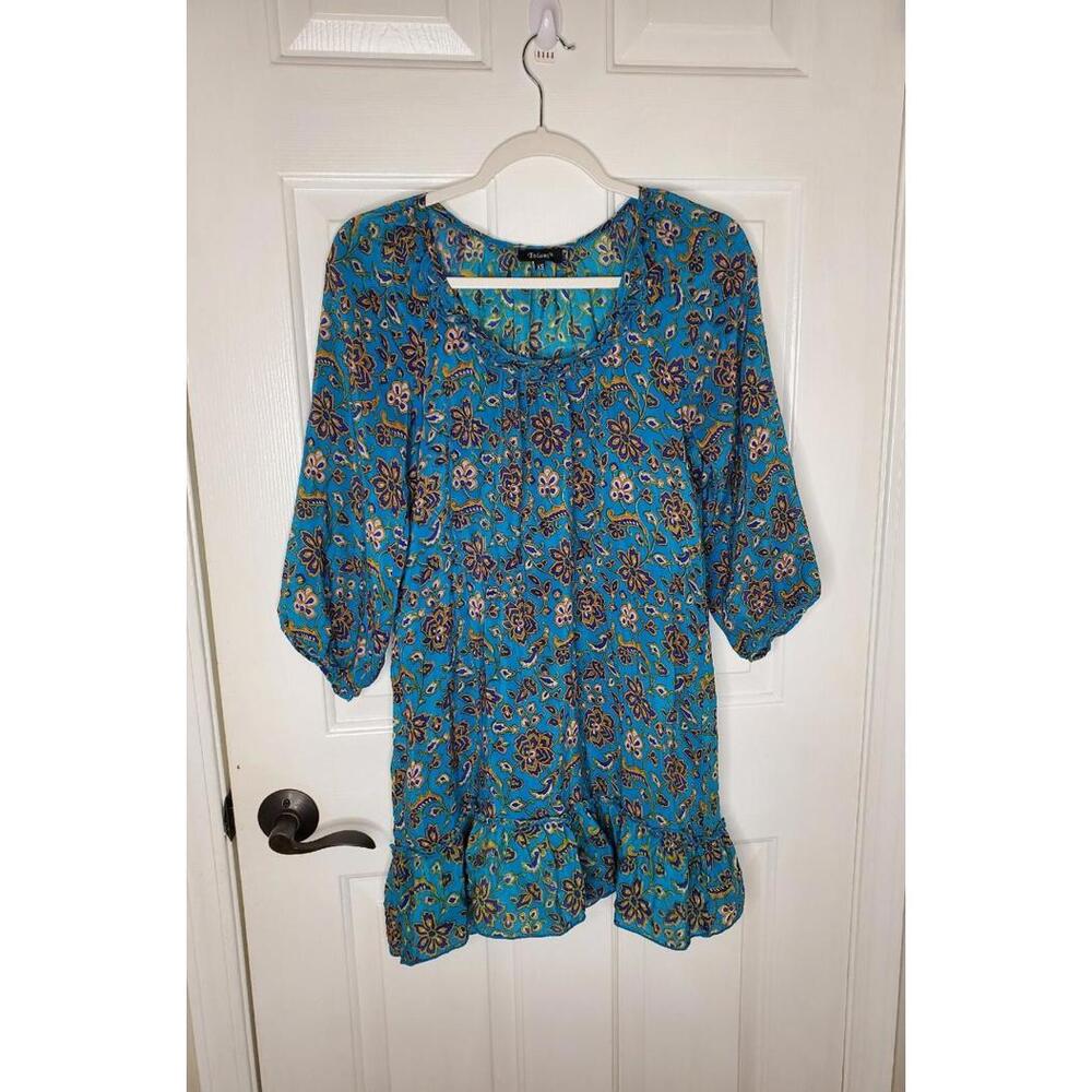 TOLANI Collection 100% Silk Tunic Ruffle Dress Blue Floral Size XSmall